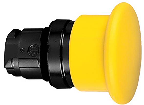 Bouton d'arrêt d'urgence jaune avec base noire, caractéristique de sécurité typique sur les machines permettant l'arrêt immédiat en cas de situation dangereuse.