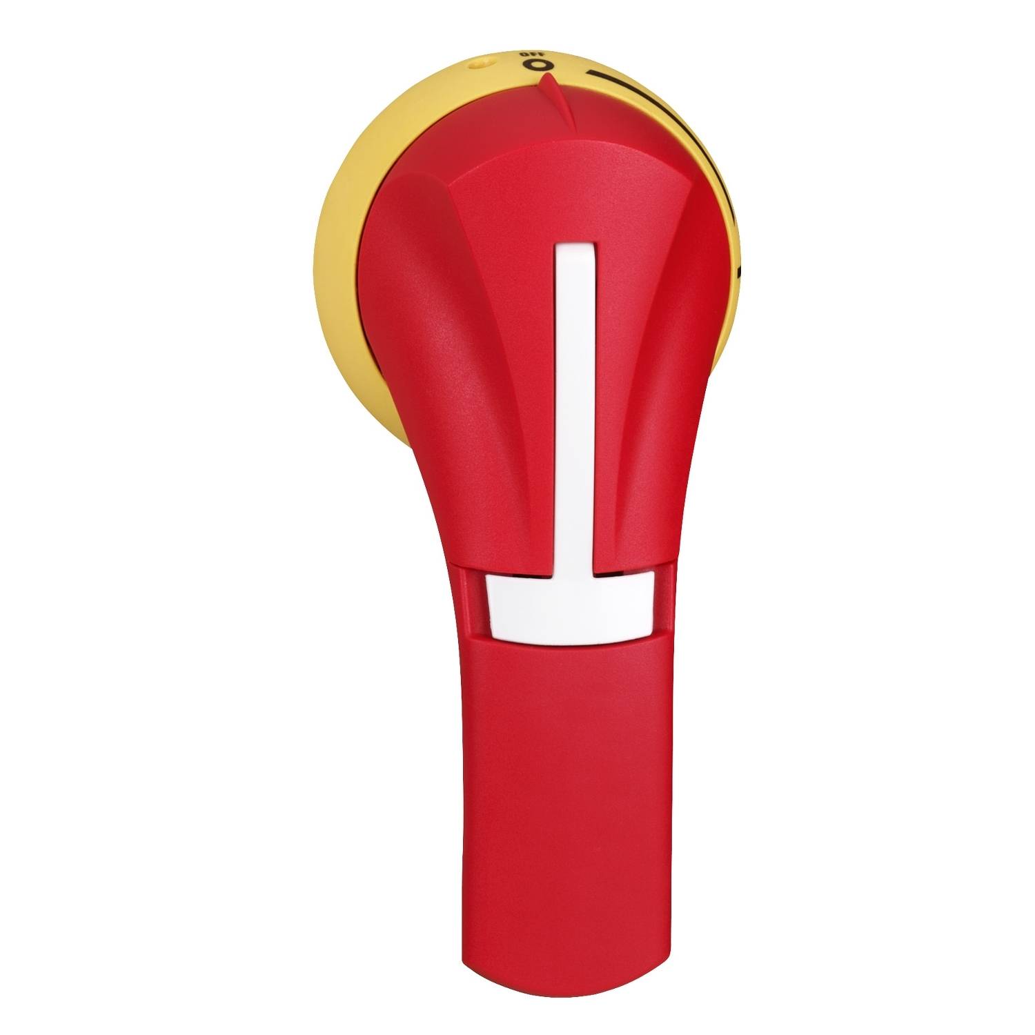 Un bouton d'arrêt d'urgence rouge sur fond jaune, destiné à interrompre rapidement des machines ou des circuits électriques.