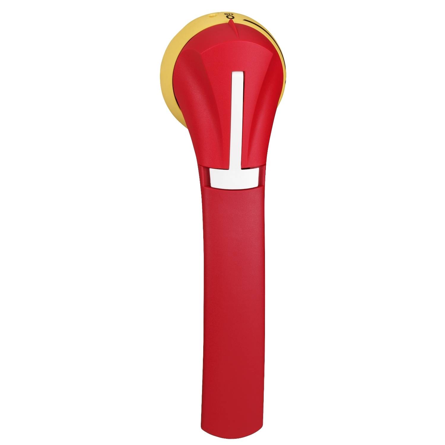 Une poignée de porte rouge, verticale, avec une bande blanche sur un fond jaune, adaptée aux portes modernes.