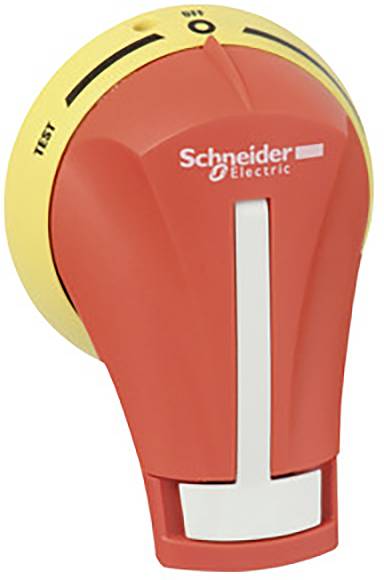 Un bouton d'arrêt d'urgence rouge sur fond jaune de Schneider Electric, portant les inscriptions 'OFF' et 'TEST'.