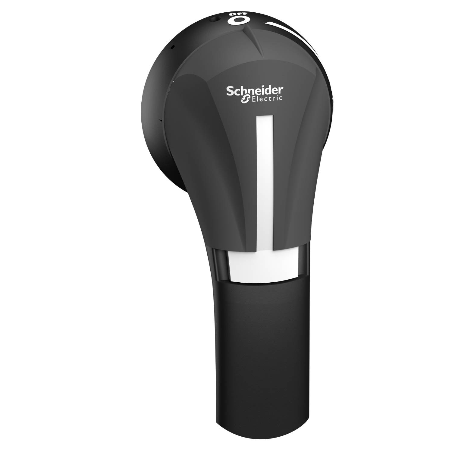 Un bouchon de borne de recharge pour véhicules électriques noir avec le logo 'Schneider Electric' sur le dessus. Conçu pour le chargement compact des véhicules électriques.
