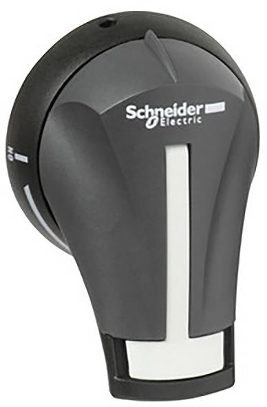 Interrupteur rotatif de Schneider Electric, principalement en noir avec des marquages blancs, indiquant les positions 'Marche' et 'Arrêt'.
