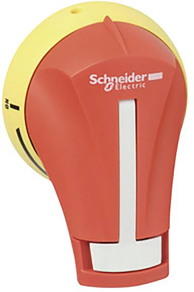 Poignée d'interrupteur en rouge et jaune, portant l'inscription 'Schneider Electric', indiquant la position 'ON'.
