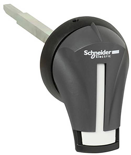 Poignée de commande noire portant l'inscription 'Schneider Electric', utilisée pour le contrôle d'appareils électriques.