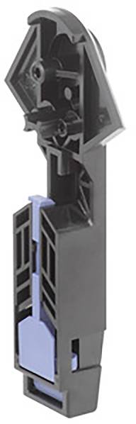 Pièce en plastique noir et bleu, probablement un composant technique ou un élément de fixation, orientée verticalement.