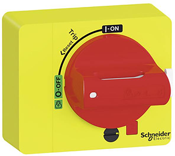 Interrupteur de sécurité jaune de Schneider Electric avec bouton rotatif rouge, permettant de basculer entre 'O-ARRÊT' et 'I-MARCHE'.