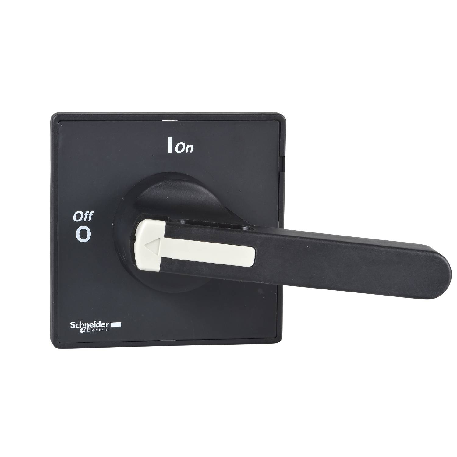 Levier de commutation noir d'un interrupteur Schneider Electric pointant sur 'Off'. Texte : 'Off' à gauche, 'On' en haut. Forme carrée, levier en position médiane.