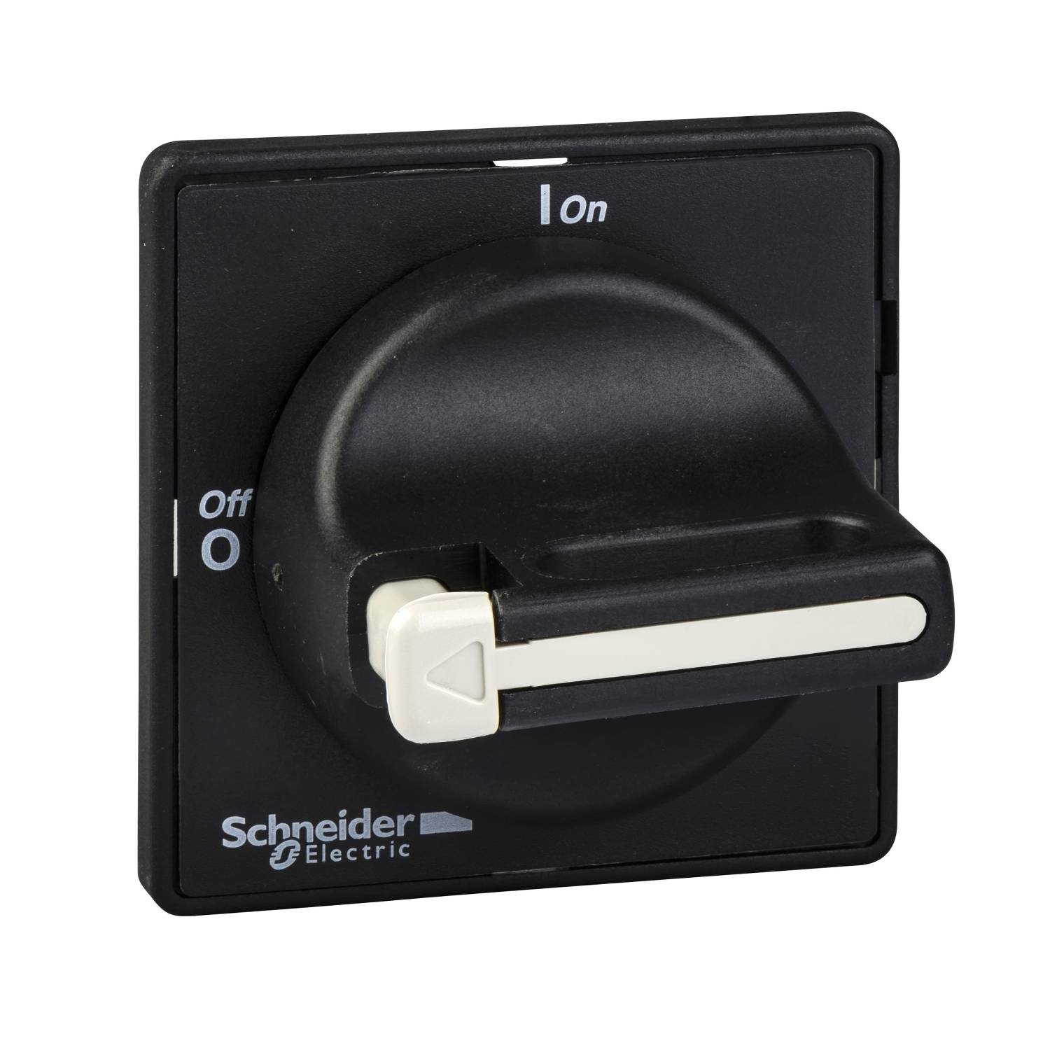 Interrupteur rotatif noir de Schneider Electric, montrant les positions 'Marche' et 'Arrêt'. Le levier est positionné sur 'Arrêt'.