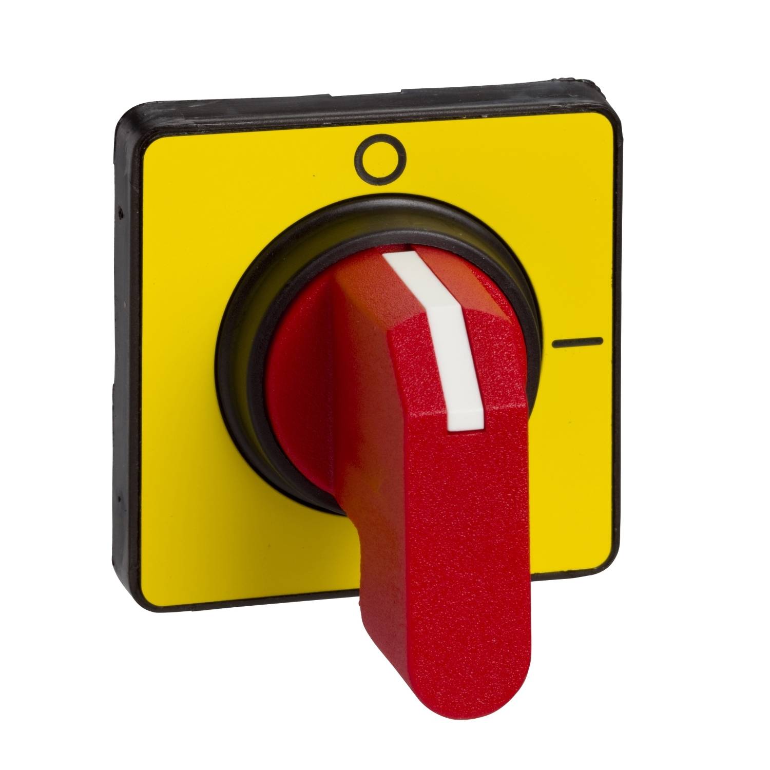 Bouton d'arrêt d'urgence rouge sur fond jaune, signalant un arrêt de sécurité.