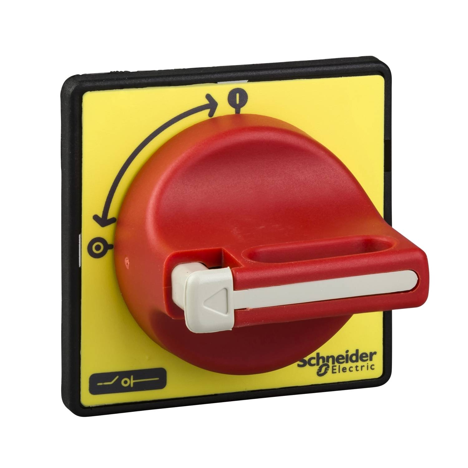 Interrupteur principal rouge sur fond jaune avec flèches indiquant les positions Marche/Arrêt, portant le logo de Schneider Electric.