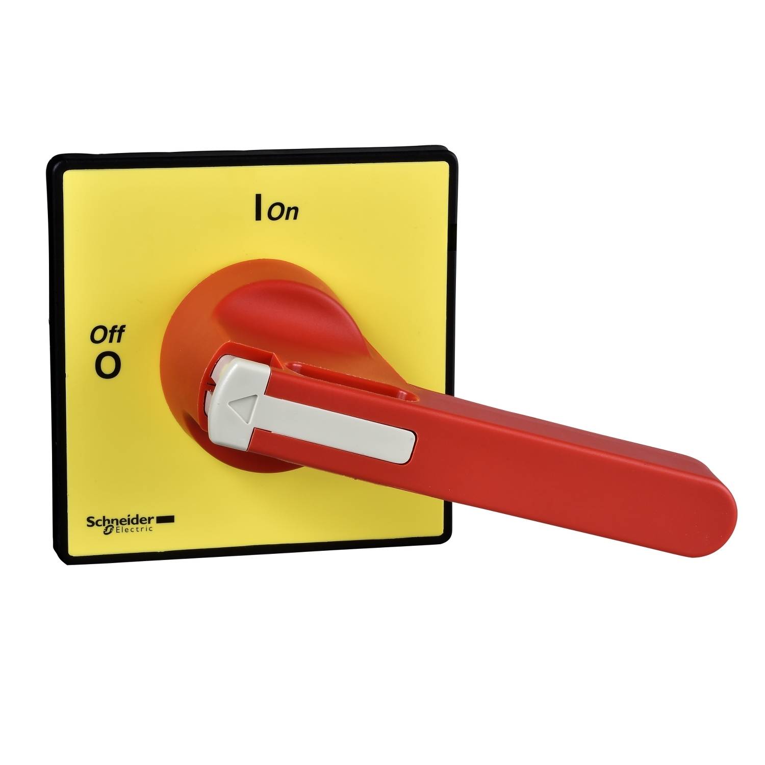 Un commutateur rotatif rouge sur un fond jaune avec les inscriptions 'Off' et 'On'. Le commutateur est positionné sur 'Off'.
