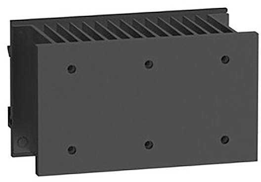 Un composant métallique rectangulaire noir avec plusieurs trous de vis et des ailettes de refroidissement sur la surface supérieure.