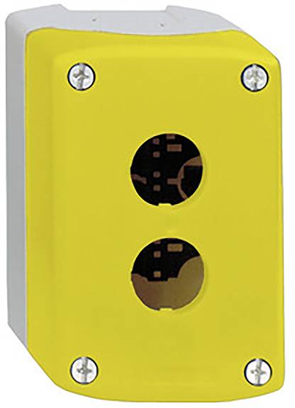 Boîtier jaune avec deux ouvertures rondes et quatre vis aux coins, probablement destiné à des applications électriques ou techniques.