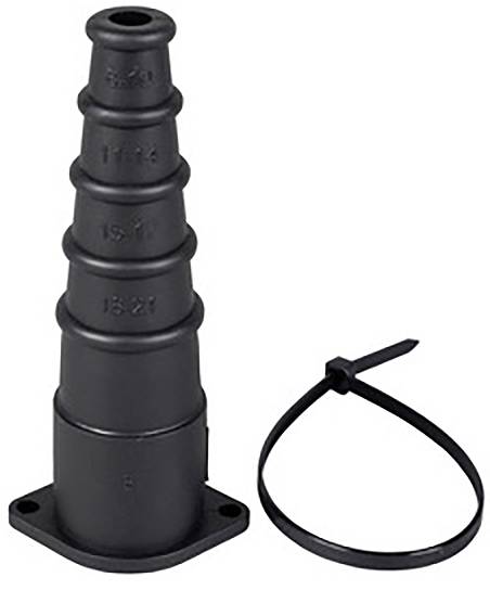 Adaptateur de buse flexible noir à plusieurs étages avec serre-câble ; utilisé pour différentes tailles de tuyaux.