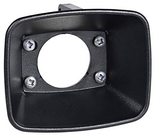 Haut-parleur noir rectangulaire avec une grille ronde au centre, adapté aux applications acoustiques dans le domaine industriel.