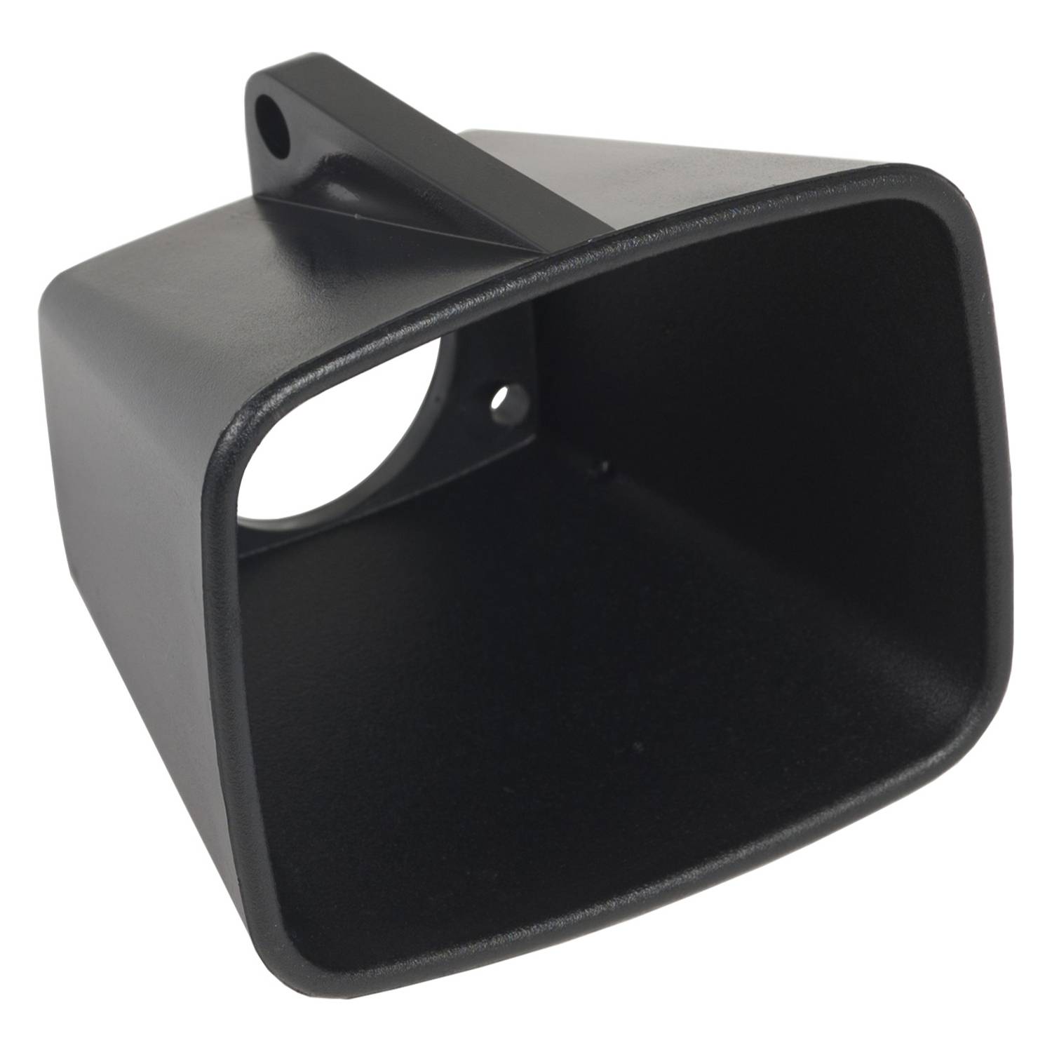 Un élément en plastique noir, rectangulaire, avec une ouverture et un crochet en haut. Il ressemble à un entonnoir ou à une buse.