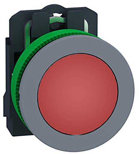Bouton-poussoir rouge avec un bord vert sur un fond blanc.