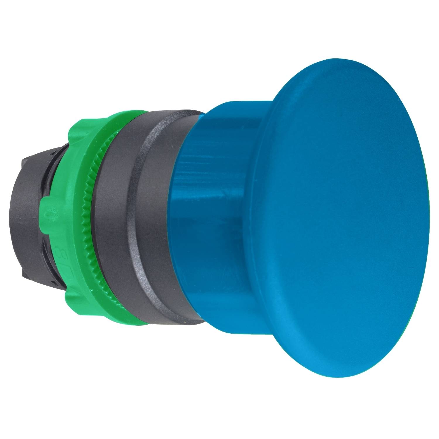 Bouton-poussoir bleu avec support vert et noir, sur fond blanc.