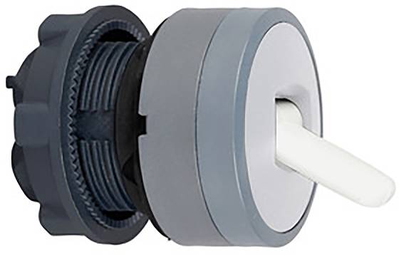 Un commutateur gris avec un levier blanc, monté dans un support noir, probablement destiné à des appareils ou des machines techniques.