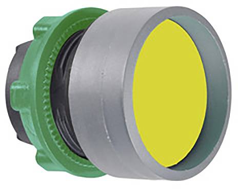 Un bouton rond jaune sur un boîtier gris avec un bord vert. Cela pourrait être un élément d'un appareil électronique ou mécanique.