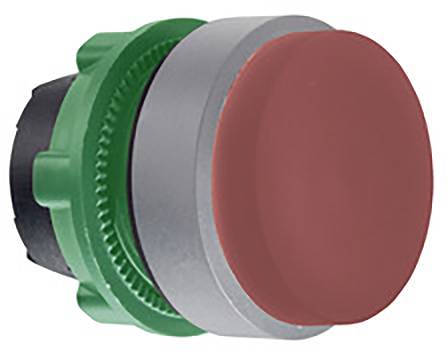 Bouton-poussoir rouge avec bordure verte et base argentée, probablement destiné aux commandes industrielles ou aux arrêts d'urgence.