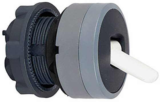 Interrupteur industriel avec boîtier gris et levier blanc. Adapté pour une utilisation dans les circuits et commandes électriques.