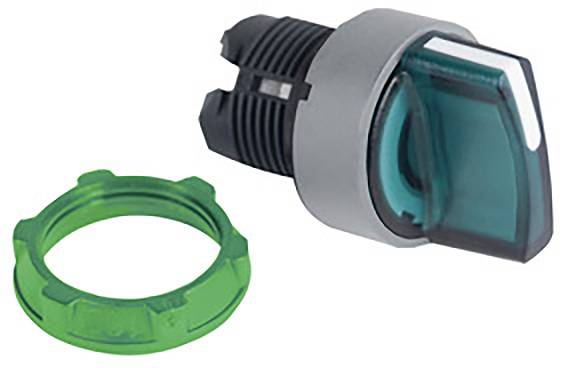Un bouton-poussoir vert éclairé avec une bague de fixation verte amovible, adapté pour les commandes électroniques.