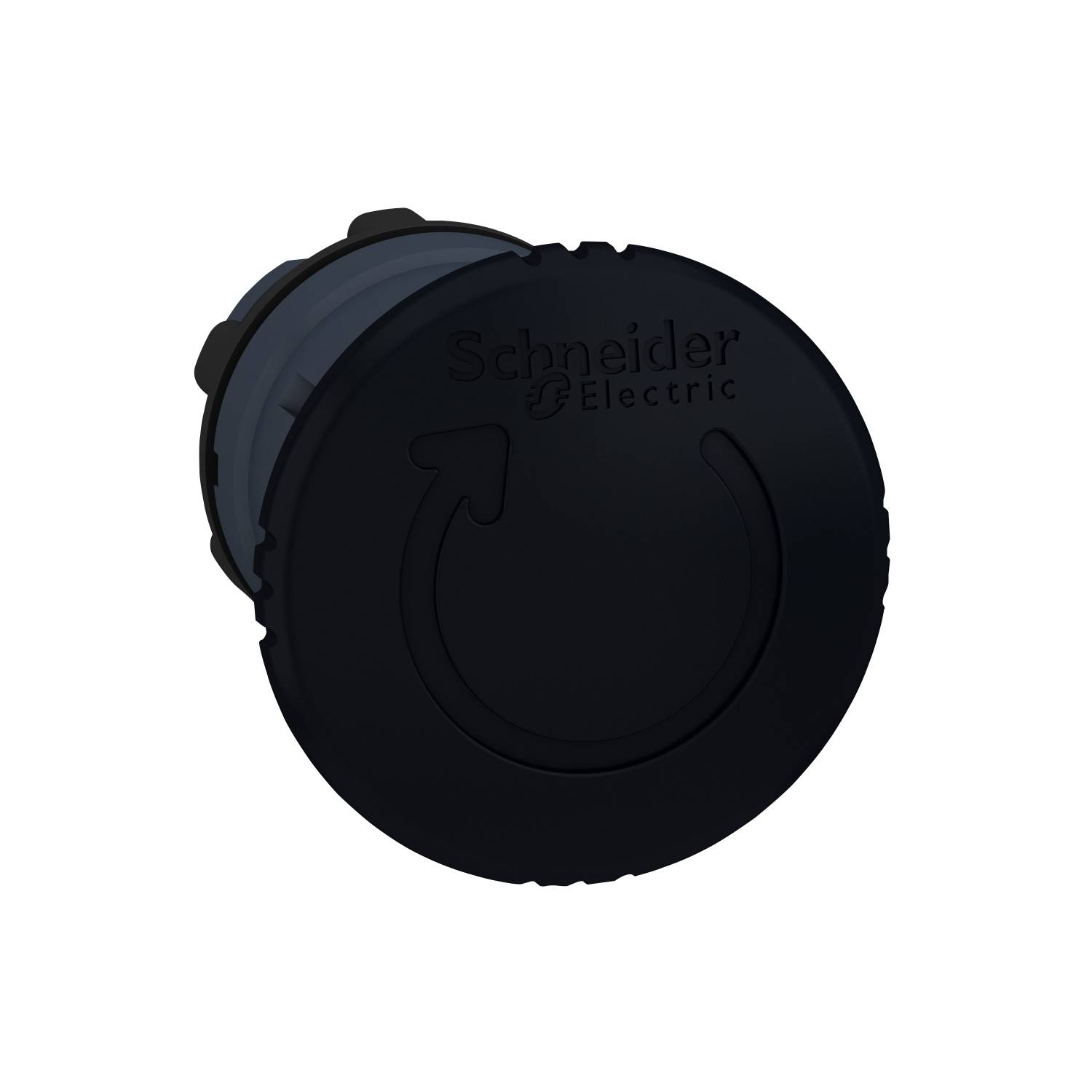 Couvercle noir et rond d'un interrupteur électrique portant un symbole de flèche et le logo « Schneider Electric ».