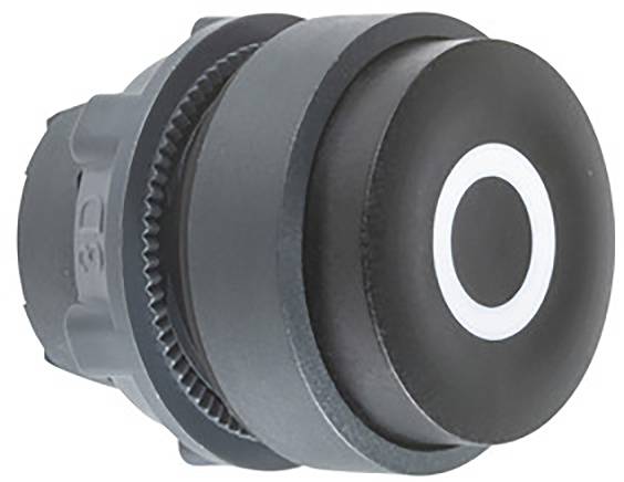 Bouton-poussoir noir et rond avec inscription circulaire blanche au centre ; adapté pour les applications de commande de machines.