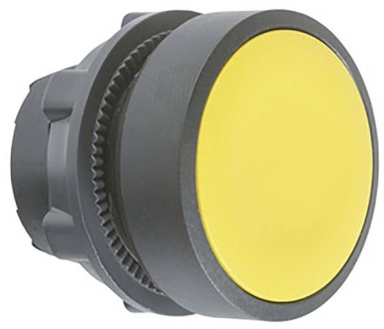 Bouton-poussoir jaune rond avec un bord noir, souvent utilisé pour le contrôle ou comme bouton d'arrêt d'urgence sur des machines.