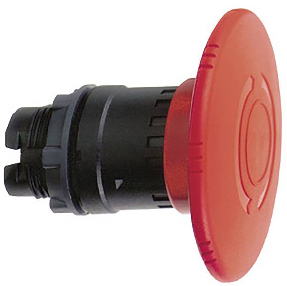 Un grand bouton d'arrêt d'urgence rouge, vu de côté, constitué de plastique noir.