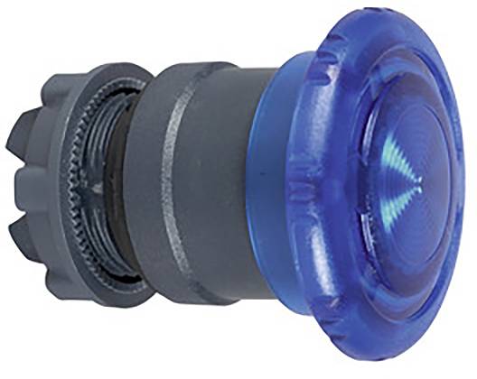 Un bouton-poussoir bleu lumineux avec une bordure cannelée, monté sur une base grise, adapté aux applications industrielles.