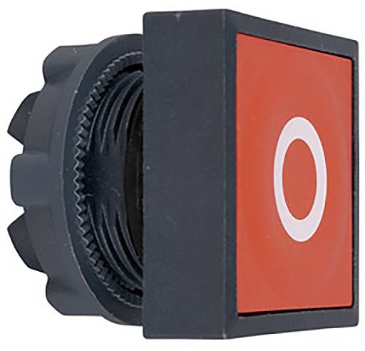 Un interrupteur carré rouge avec un cercle blanc imprimé. Sert typiquement d'interrupteur de mise hors tension dans les appareils électroniques.