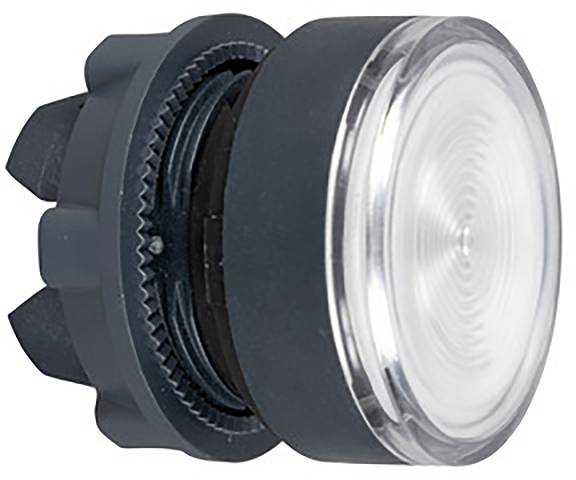 Un bouton-poussoir rond gris avec un bord strié et une surface convexe transparente, adapté pour les commandes électroniques.