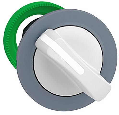 Un interrupteur rotatif avec un cadre gris, une poignée blanche et un anneau intérieur vert, utilisé pour contrôler des appareils électroniques.