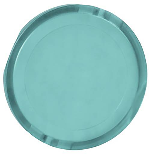 Un objet rond de couleur turquoise, probablement un couvercle ou une puce, sur un fond blanc.