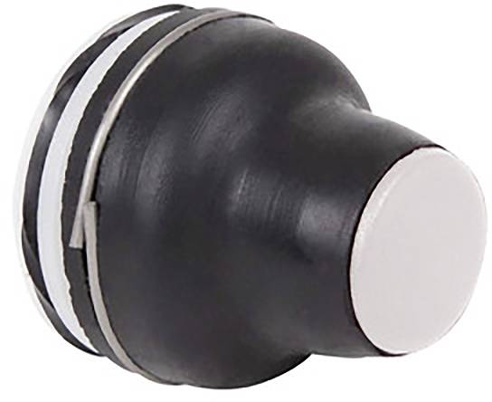 Un bouton en caoutchouc noir avec un point blanc de pression, probablement un interrupteur ou un bouton-poussoir, devant un fond blanc.