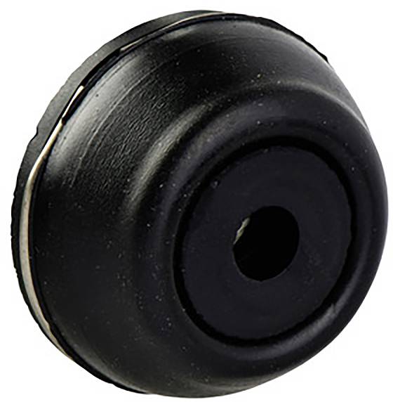 Un patin de meuble noir, rond, avec un trou central, destiné à être fixé sur des meubles pour protéger les sols ou les tapis.