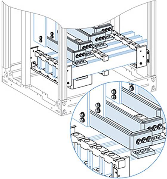 PrismaSeT-P, DECO-DEBRO, connexion, barre omnibus verticale jusqu'à 1200A avec barre omnibus horizontale 80x10mm, 4 pôles