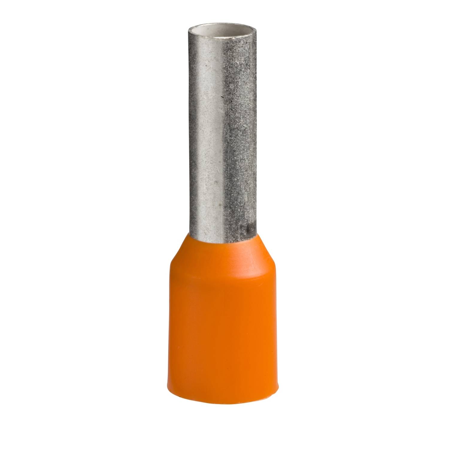 L'image représente un embout de câble isolé orange avec une partie tubulaire métallique, utilisé pour assurer une connexion sécurisée des extrémités de câbles.