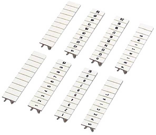 Huit bandes blanches portant des lettres noires, alignées à angle droit. Chaque bande porte différentes combinaisons de lettres.