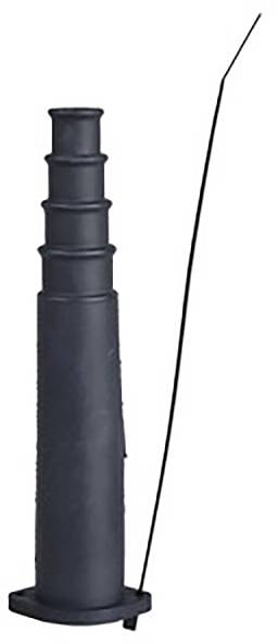 Une antenne télescopique noire pour voiture, en position rétractée, avec un long fil fin.
