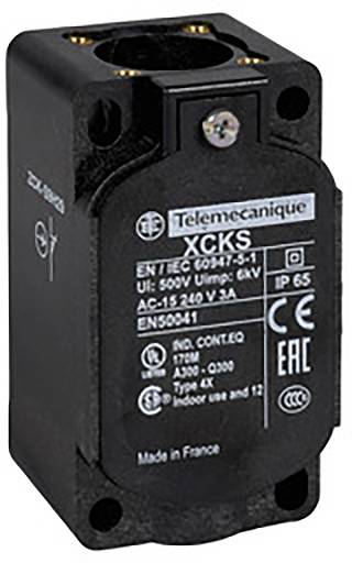 Un contacteur de fin de course noir de Telemecanique, modèle XCKS, protection IP65, pour utilisation intérieure et extérieure, 'Made in France'.