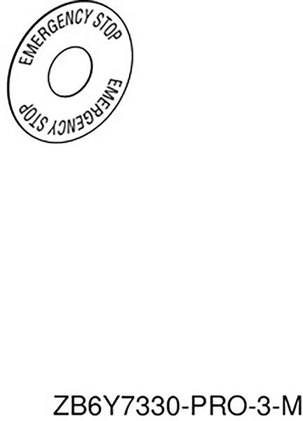 Inscription sur un bouton d'arrêt d'urgence portant la mention 'EMERGENCY STOP'. Texte en dessous : 'ZB6Y7330-PRO-3-M'.