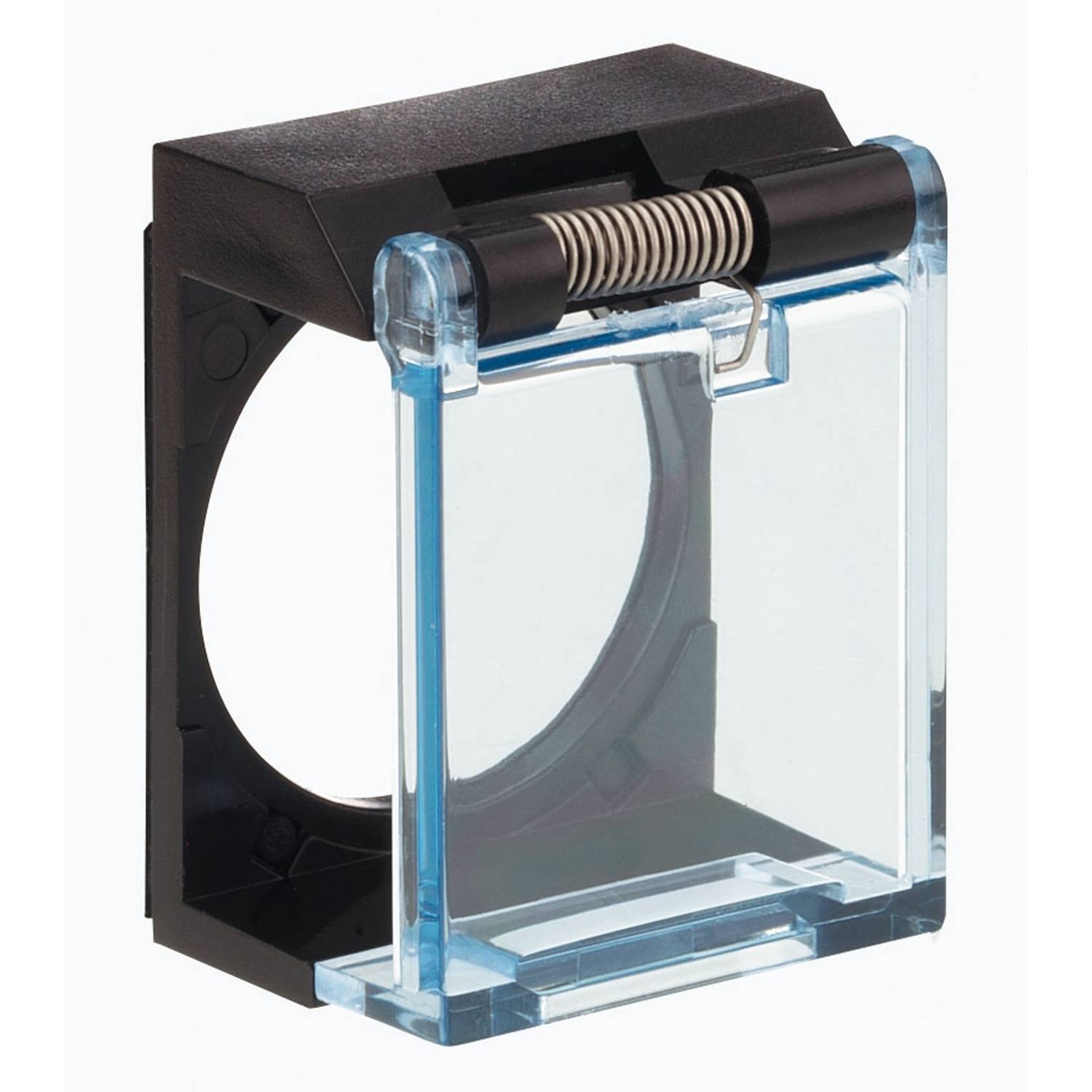 Couvercle de protection transparent avec un cadre en plastique noir et un couvercle transparent maintenu par un ressort en haut.