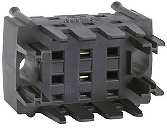 Un connecteur noir rectangulaire avec plusieurs broches de connexion au centre et des éléments de fixation sur les côtés.