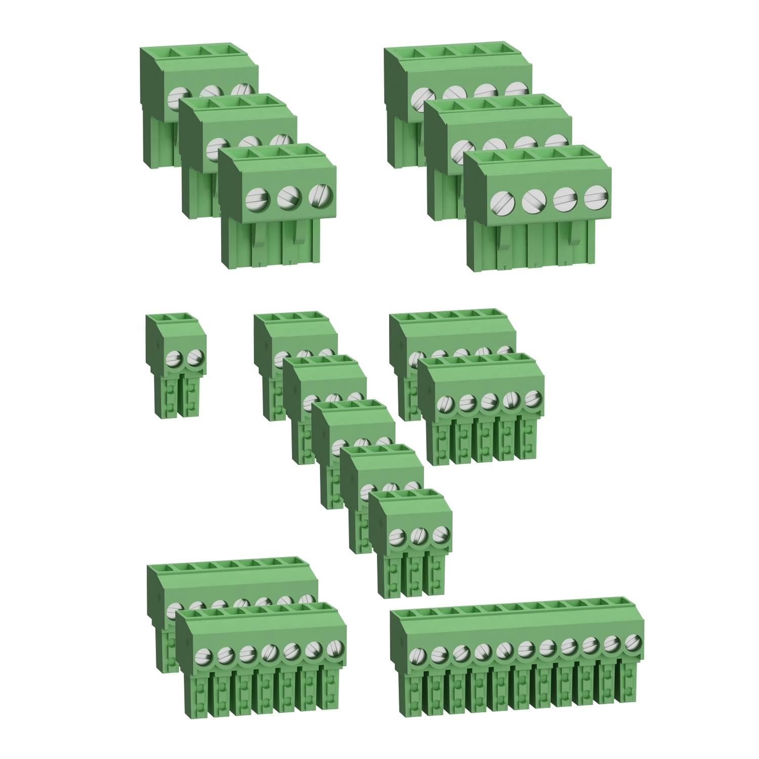 Bornes de circuit imprimé verts de différentes tailles et nombres de broches, principalement utilisés pour les connexions électriques.