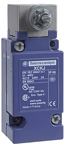 Un interrupteur bleu de 'Telemecanique' avec le numéro de modèle XCKJ. Il présente des spécifications techniques sur une étiquette, IP 66, fabriqué en France.