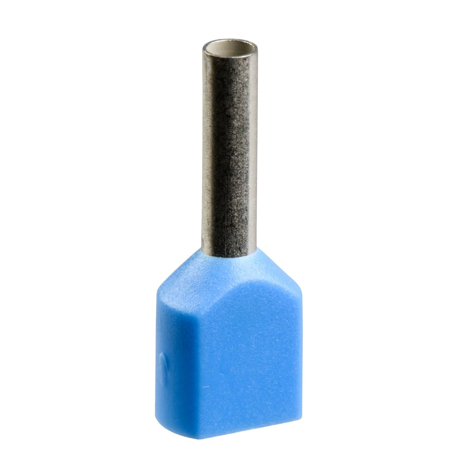 Un connecteur d'extrémité de câble bleu en plastique avec un petit tube métallique, utilisé pour les connexions électriques.