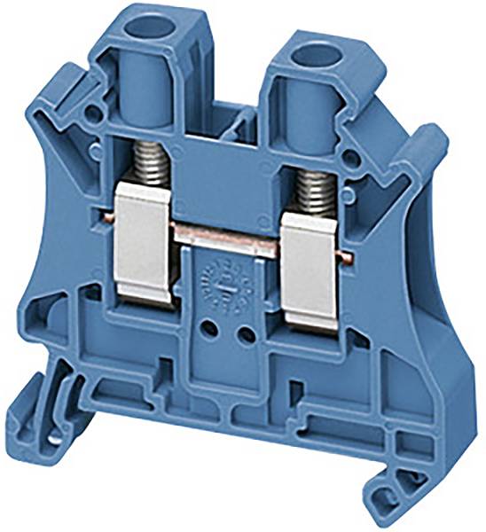 Un bloc de bornes en ligne bleu électrique avec deux contacts métalliques et des connexions à vis, destiné au câblage sécurisé dans les panneaux.
